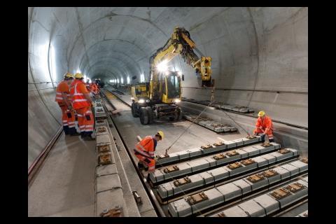 Tracklaying is underway in the Gotthard base tunnel, with fit-out to be completed by early 2016.